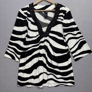 Bisou Bisou Zebra Print Blouse 14 Beaded Neck Glam Rock Bold Statement Top